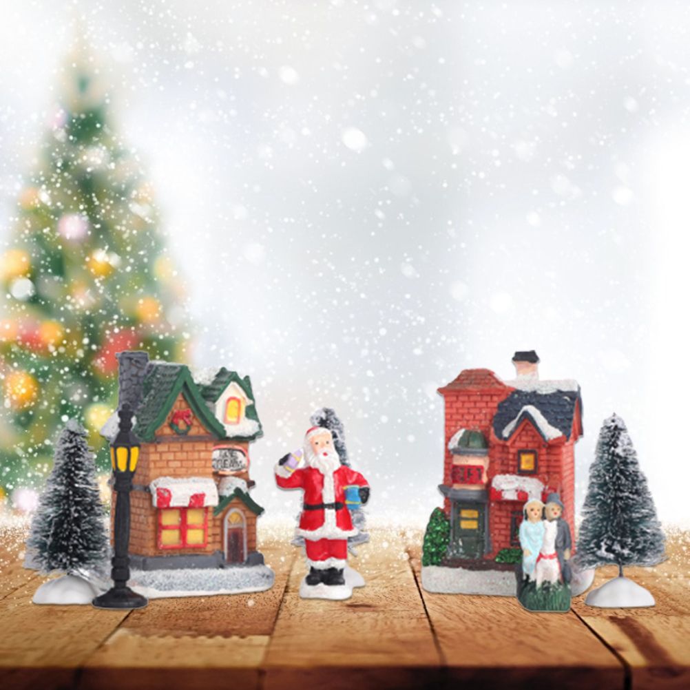 Christmas Village Set Resin Christmas Scene Village LED Lighted Miniature Houses Town Christmas Village Houses Gift