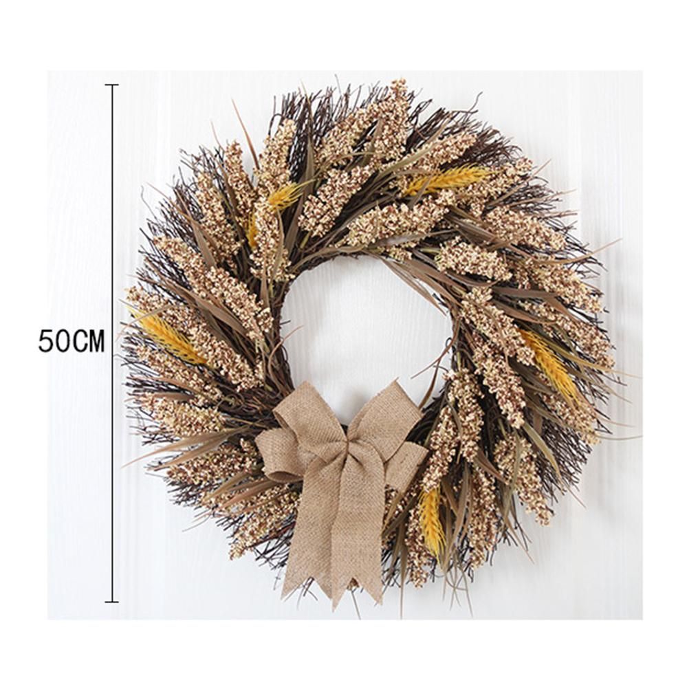 50CM Fall Wreath for Front Door Thanksgiving Wreath with Artificial Wheat Cereals Branches Autumn Door Wreath Harvest Wreath Decoration