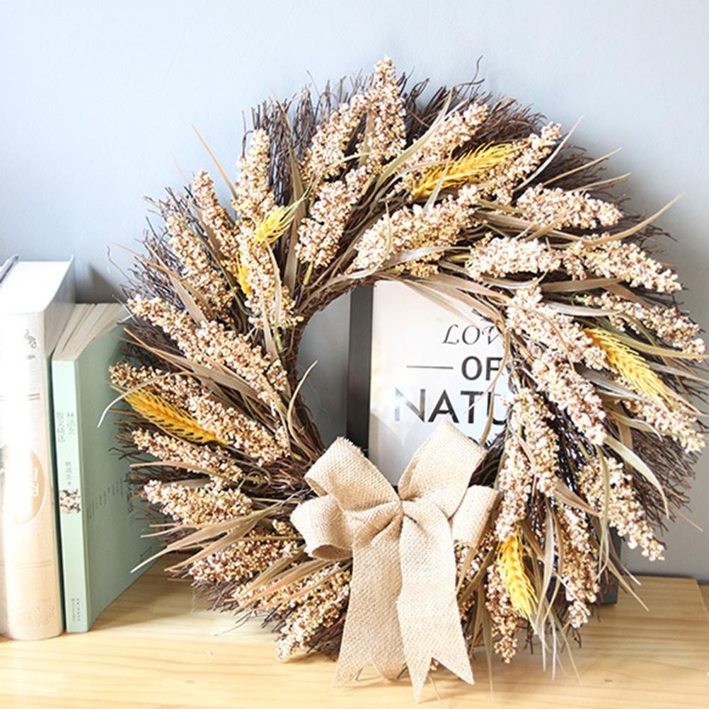 50CM Fall Wreath for Front Door Thanksgiving Wreath with Artificial Wheat Cereals Branches Autumn Door Wreath Harvest Wreath Decoration