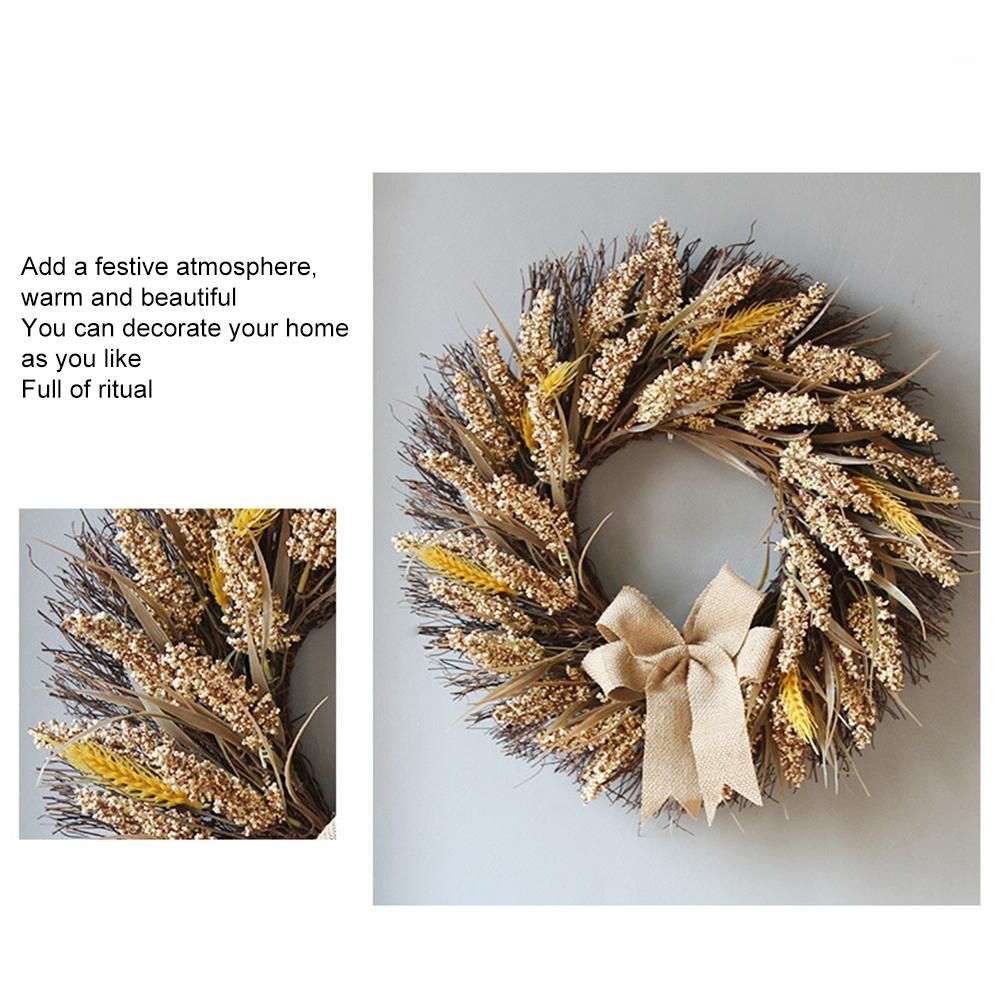 50CM Fall Wreath for Front Door Thanksgiving Wreath with Artificial Wheat Cereals Branches Autumn Door Wreath Harvest Wreath Decoration