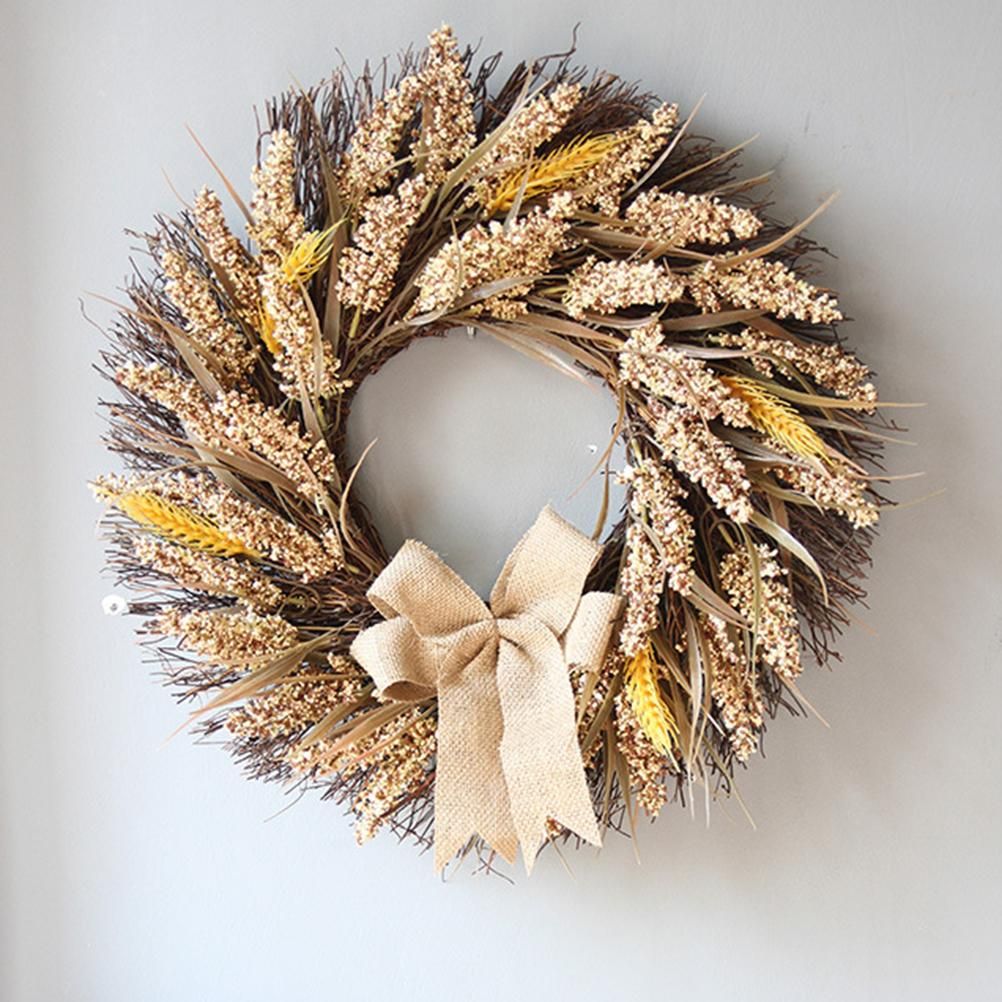 50CM Fall Wreath for Front Door Thanksgiving Wreath with Artificial Wheat Cereals Branches Autumn Door Wreath Harvest Wreath Decoration