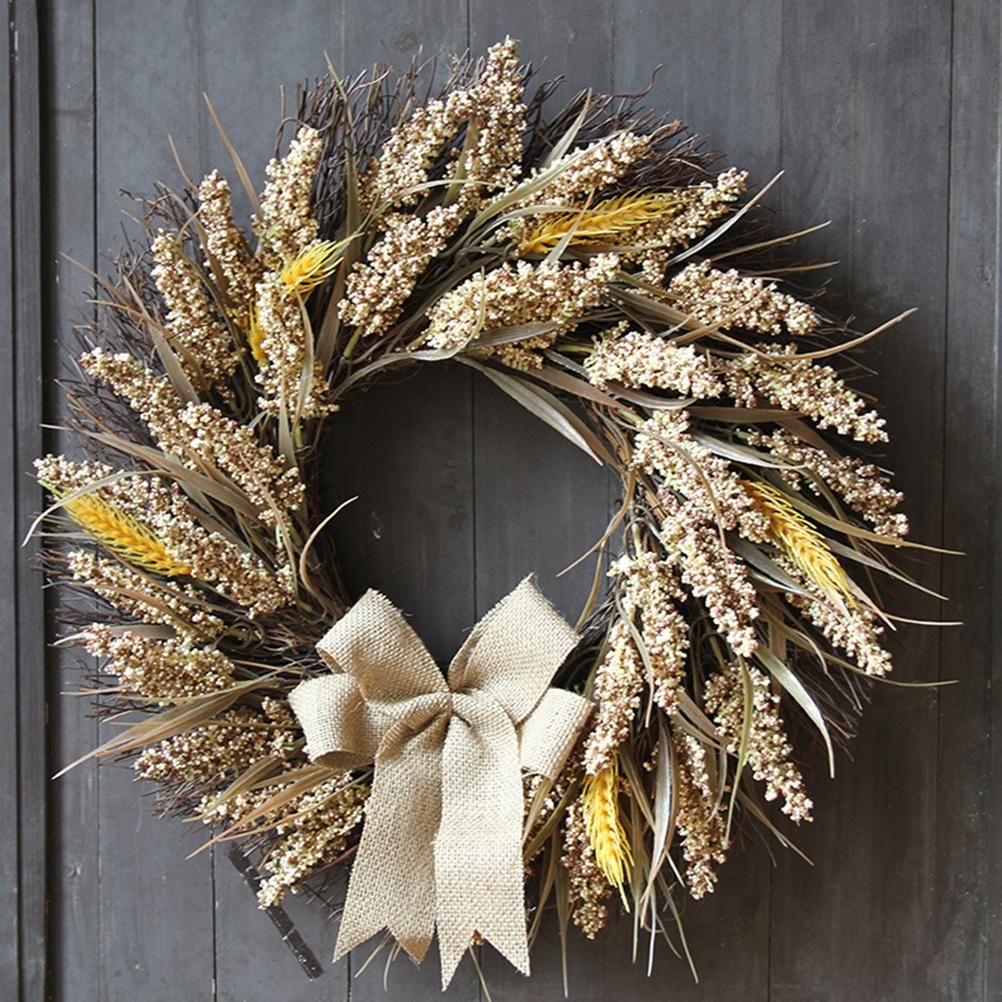 50CM Fall Wreath for Front Door Thanksgiving Wreath with Artificial Wheat Cereals Branches Autumn Door Wreath Harvest Wreath Decoration