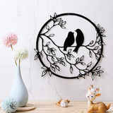 Metal Wall Art Bird on Branch Round Wall Art Bird Sign Wall Silhouette Bird Iron Artwork Hanging for Living Room Office - Low Angle