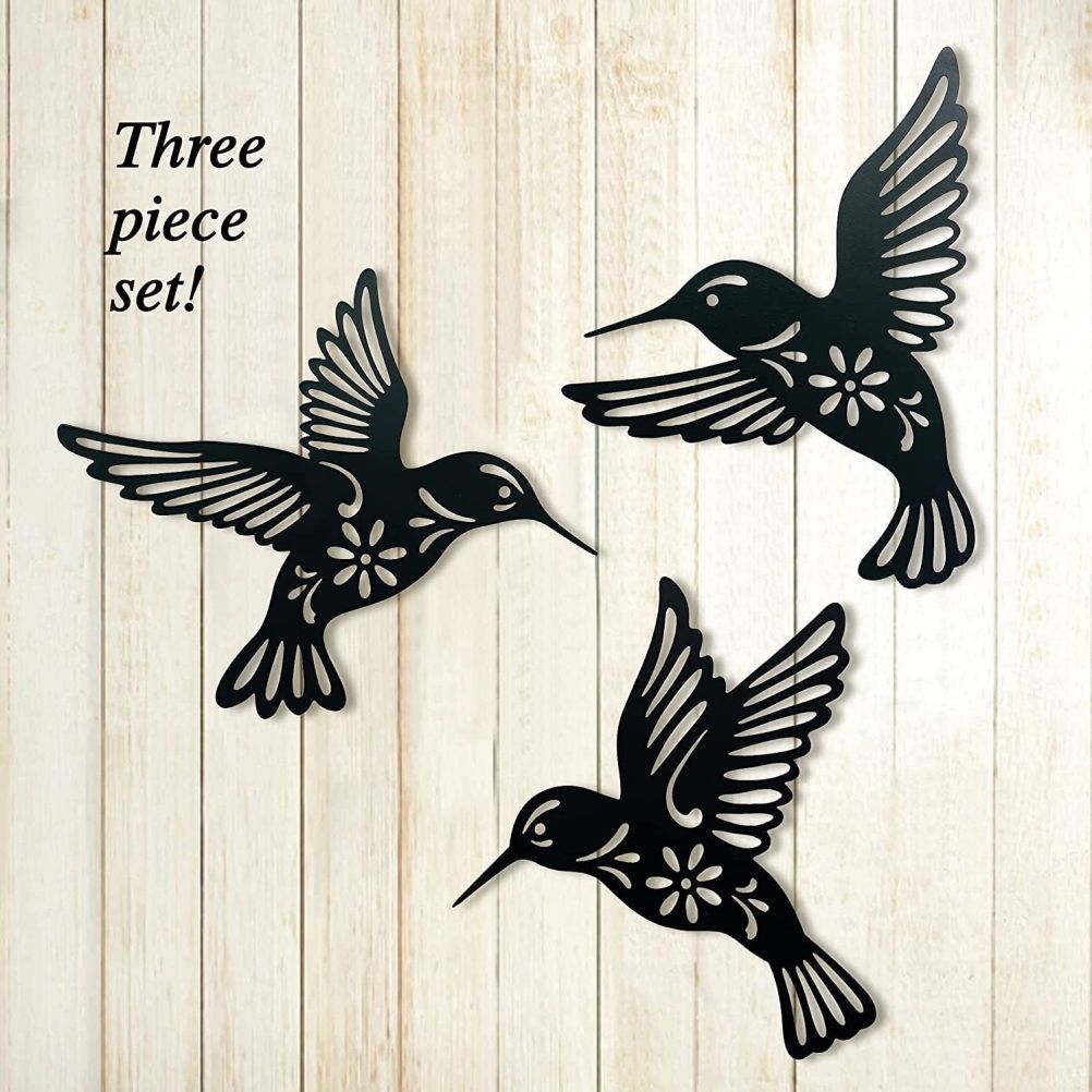 3 Pieces Metal Hummingbird Wall Art Decoration Hollow Out Iron Bird Sculpture Waterproof Wall Hanging Figurines for Garden and Living Room Decor