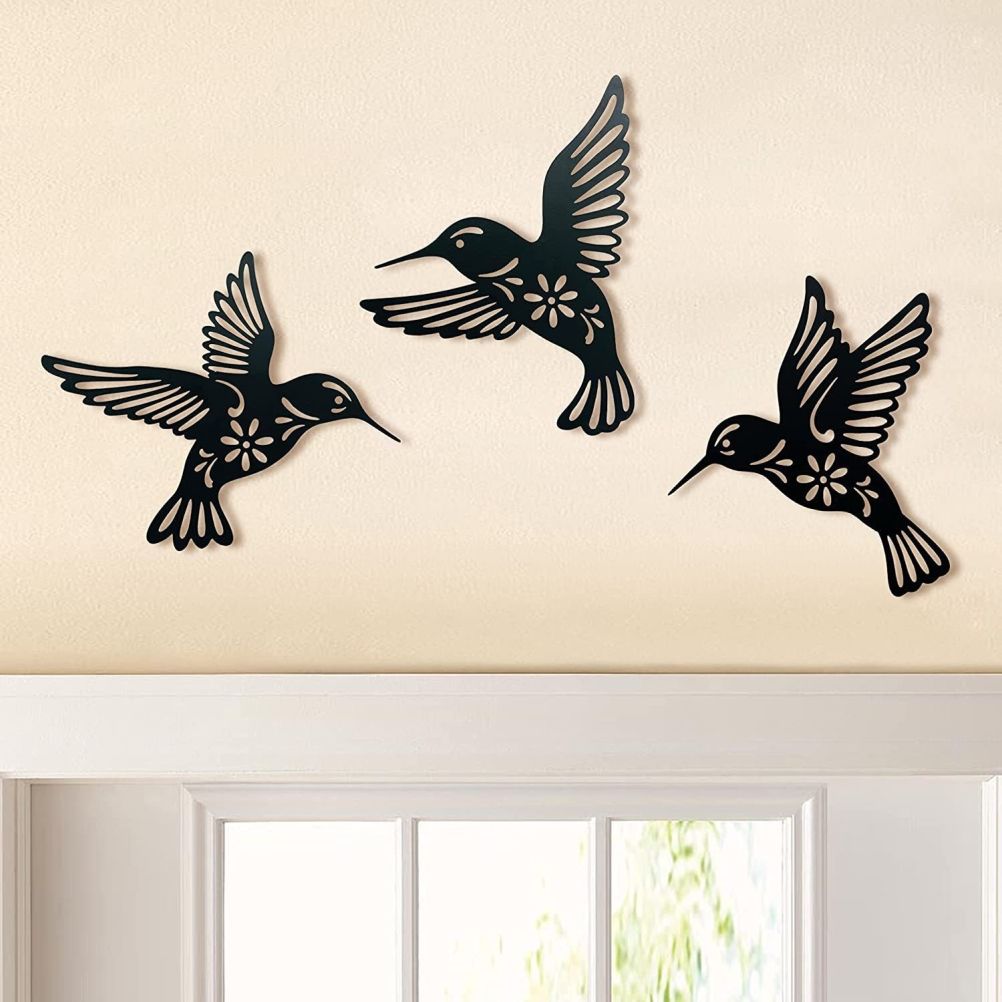 3 Pieces Metal Hummingbird Wall Art Decoration Hollow Out Iron Bird Sculpture Waterproof Wall Hanging Figurines for Garden and Living Room Decor