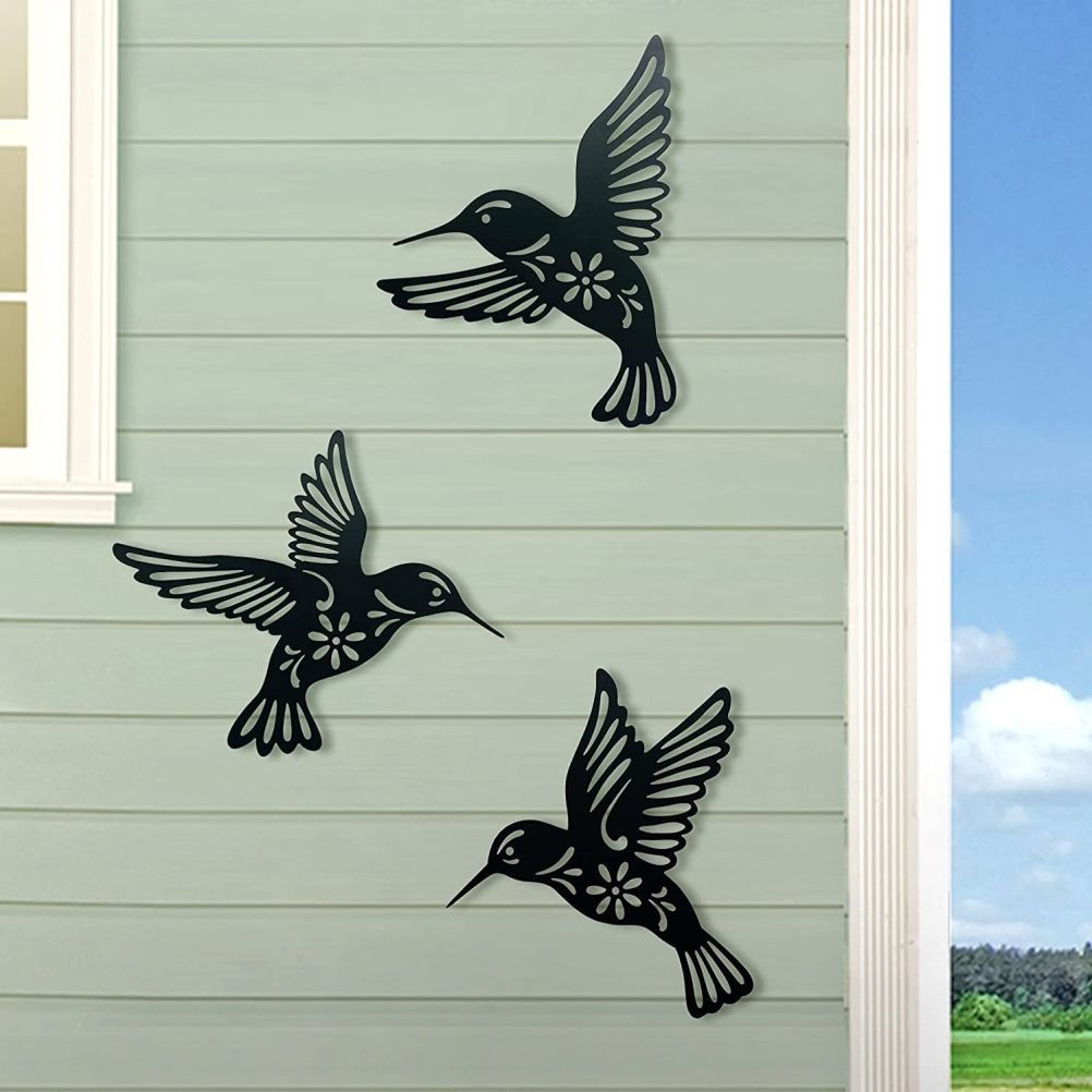 3 Pieces Metal Hummingbird Wall Art Decoration Hollow Out Iron Bird Sculpture Waterproof Wall Hanging Figurines for Garden and Living Room Decor