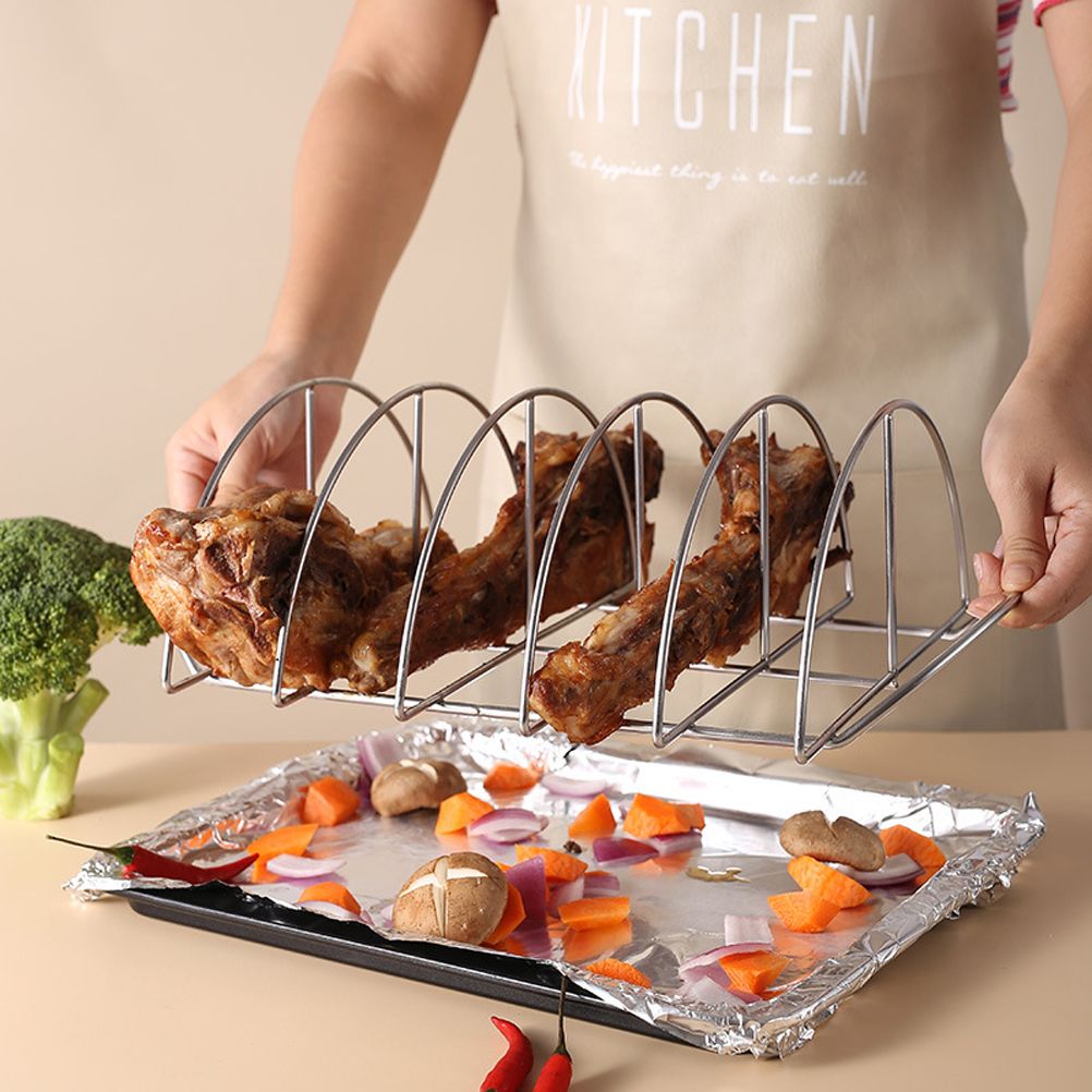 Stainless Steel Barbecue Bracket Rib Rack Barbecue Grilling Rack Non Stick Beef Steak Holder for Outdoor Picnic Barbecue Supplies
