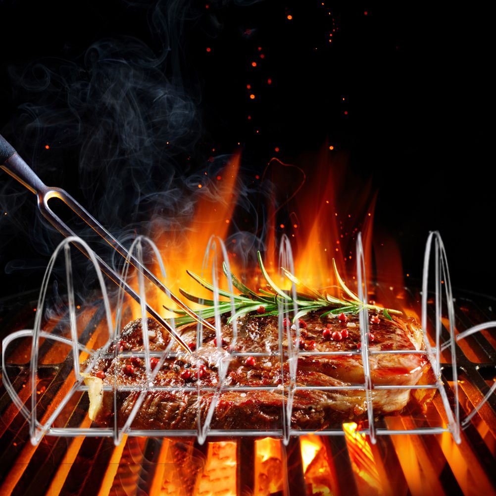 Stainless Steel Barbecue Bracket Rib Rack Barbecue Grilling Rack Non Stick Beef Steak Holder for Outdoor Picnic Barbecue Supplies