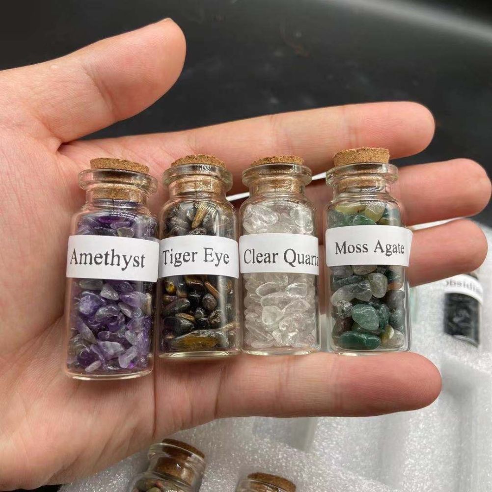15Pcs Mini Wishing Bottles Chip Stone Set Crystal Tumbled Reiki Stones Collection Gift Home Decor