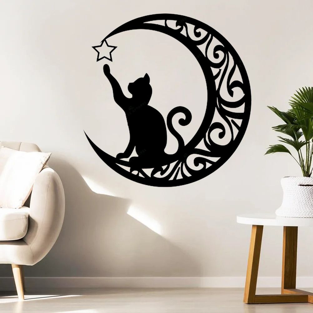 Cute Black Cats Moon Metal Sign Arts Wall Hanging Pendant Decorations for Windows Doors Mantelpieces