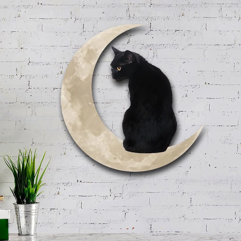 Metal Black Cat Moon Hanging Sign Cat On The Moon Wall Hanging Pendant Home Indoor Decor Gifts