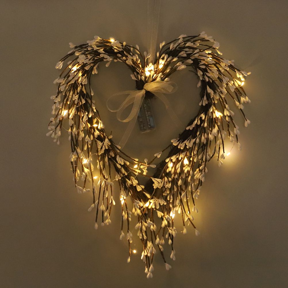 Valentine's Day Heart Wreath with Twigs and Light for Living Room Wall Staircase Door Decoration Wreath