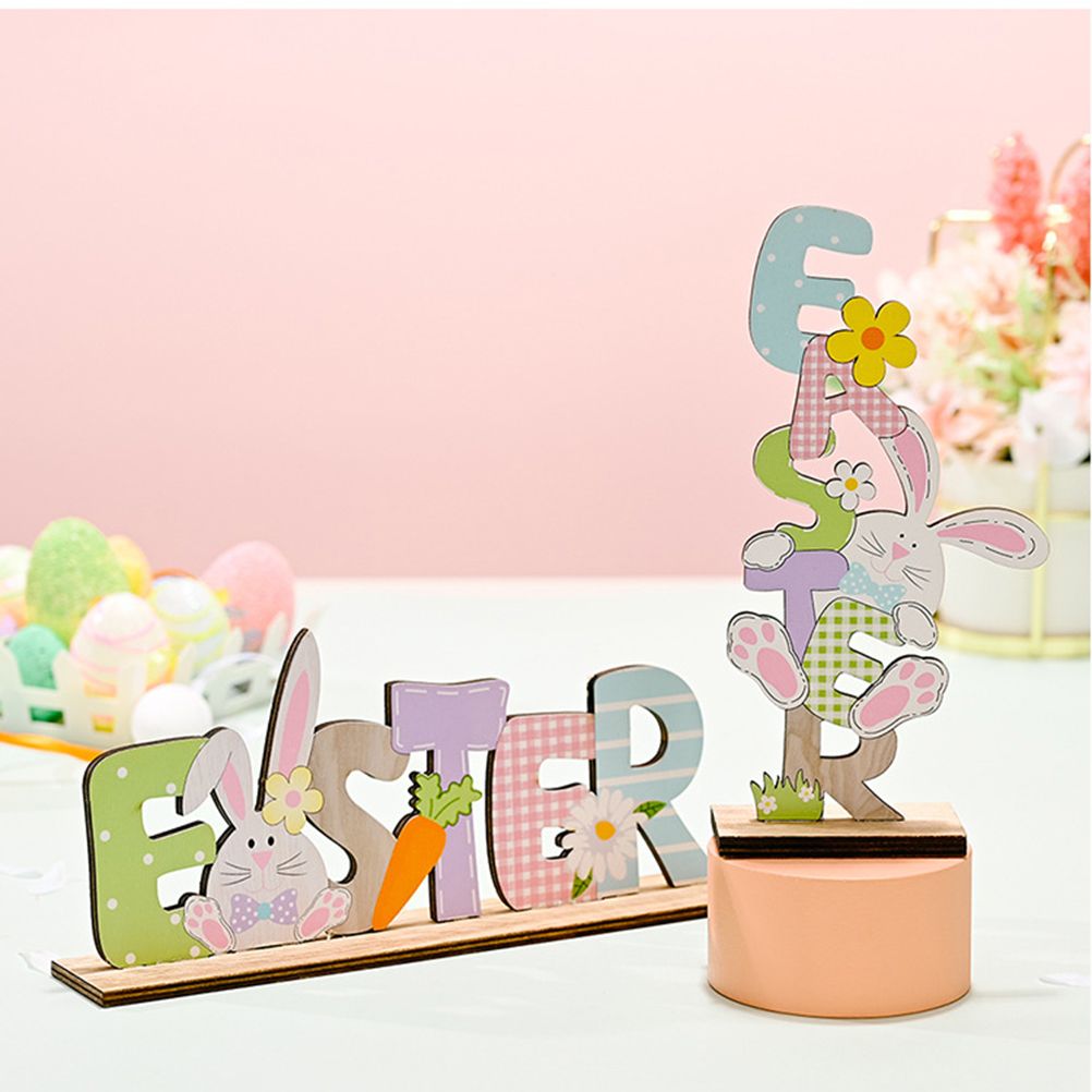 2 Pcs Easter Decorations Wooden Bunny Letter Printing Crafts Ornament Easter Decor for Home Table Party Arrangement Kids Gift