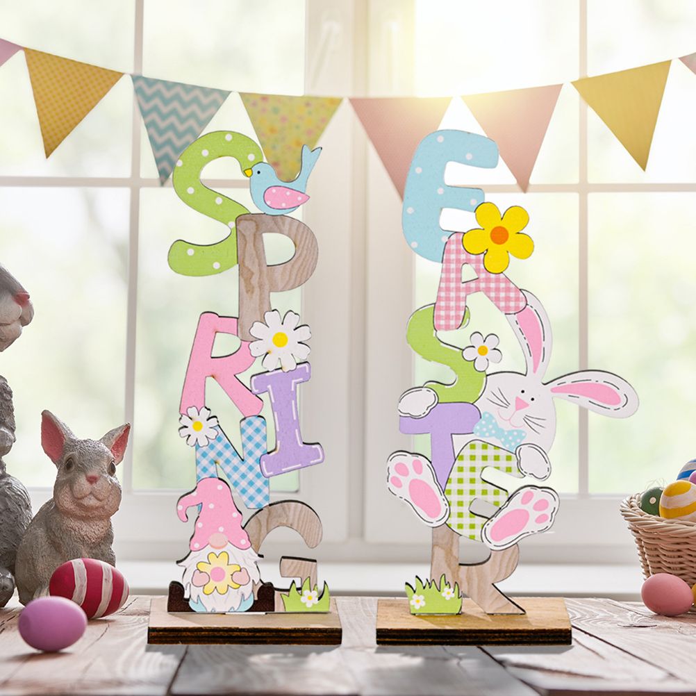2 Pcs Easter Decorations Wooden Bunny Letter Printing Crafts Ornament Easter Decor for Home Table Party Arrangement Kids Gift