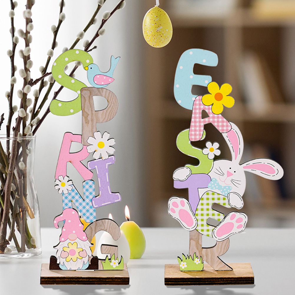 2 Pcs Easter Decorations Wooden Bunny Letter Printing Crafts Ornament Easter Decor for Home Table Party Arrangement Kids Gift