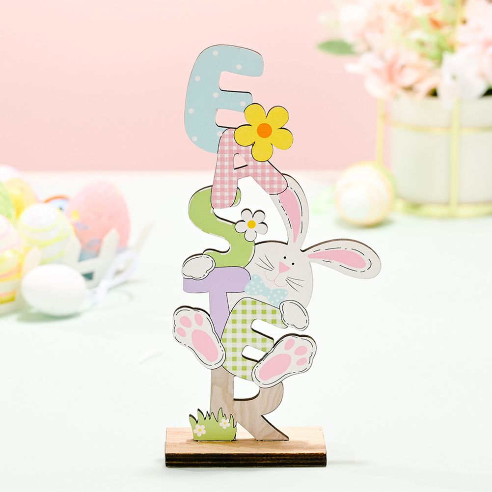 2 Pcs Easter Decorations Wooden Bunny Letter Printing Crafts Ornament Easter Decor for Home Table Party Arrangement Kids Gift