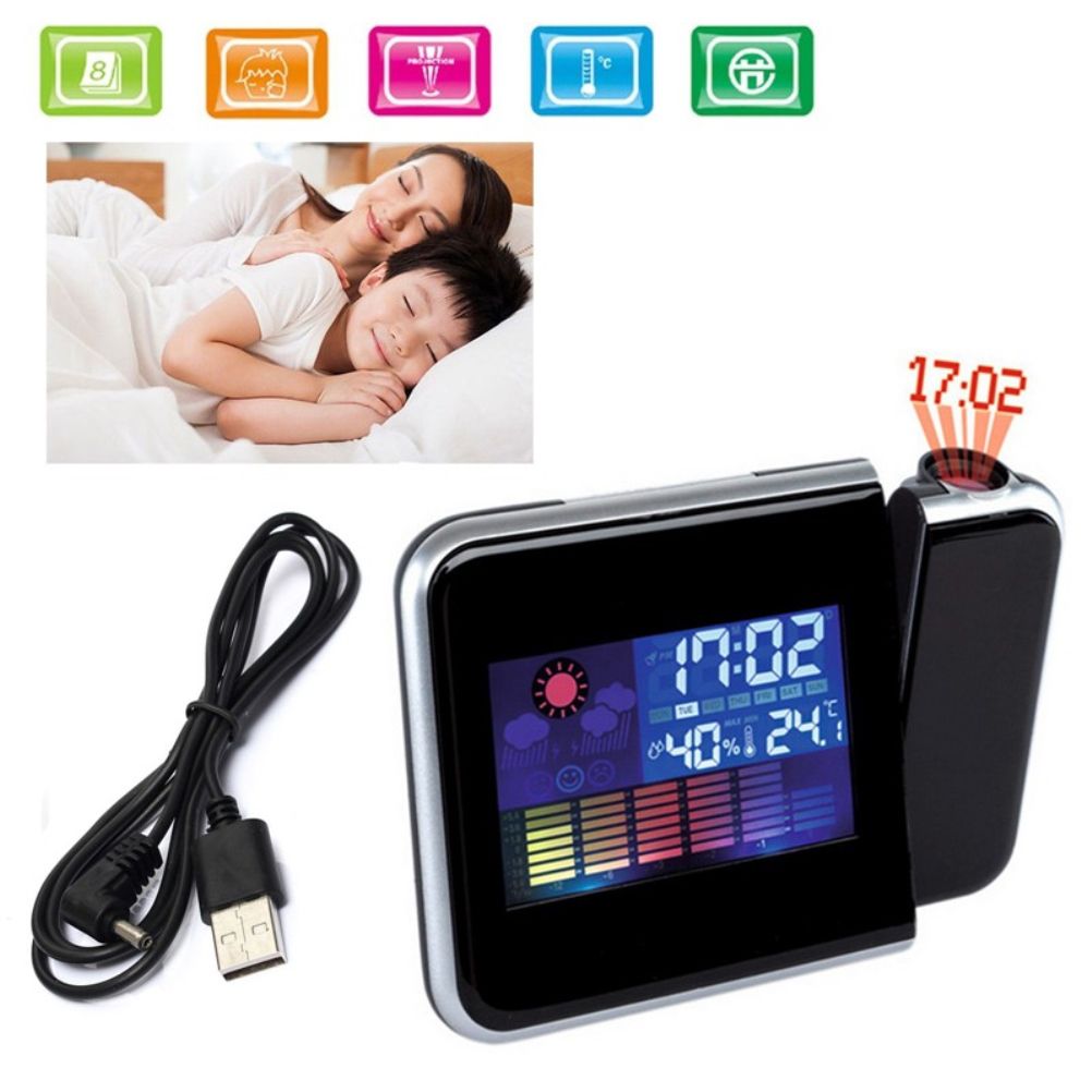 Projection Alarm Clock 180 Degree Adjustable Digital Projector Clock with Weather Station and Temperature Humidity LED Color Screen Perpetual Calendar Clock