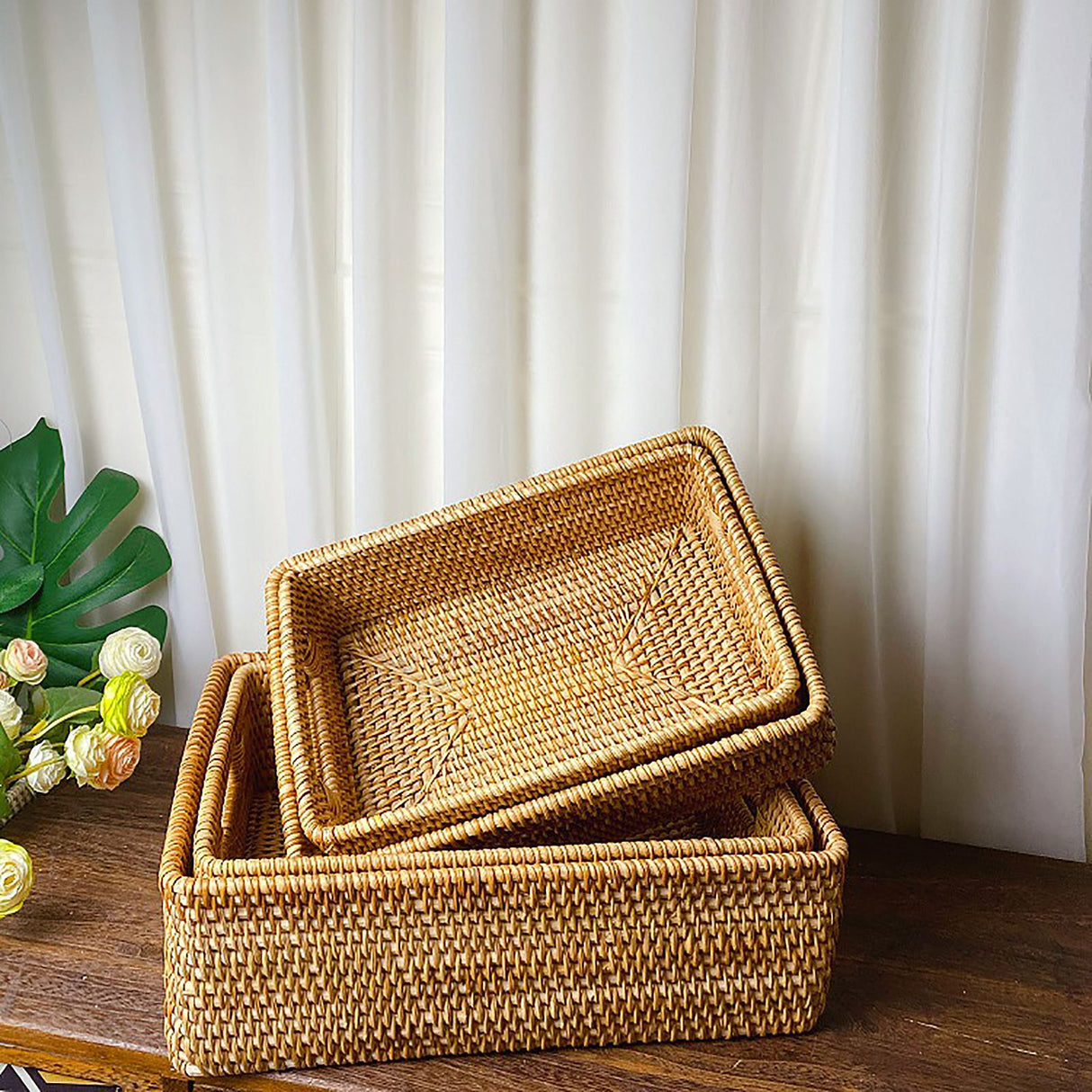 Rattan Storage Basket Desktop Utility Organizer Woven Storage Basket for Coffee Table