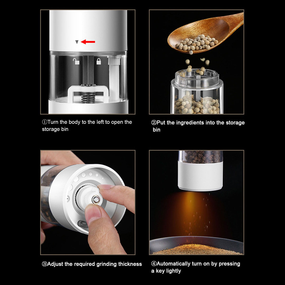 Electric Pepper Grinder Black Usb Charging High Hardness Wear Resistant Automatic Pepper Mill Grinder For Kitchen Restaurant