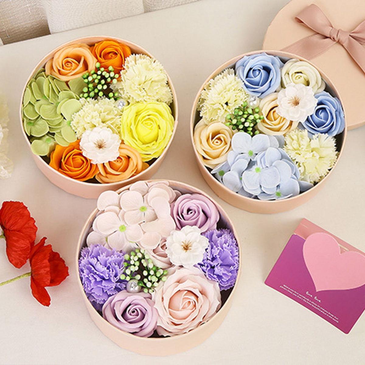 Artificial Flowers Combo Box Simulation Fake Soap Flower Round Box Valentine's Day Holiday Gift
