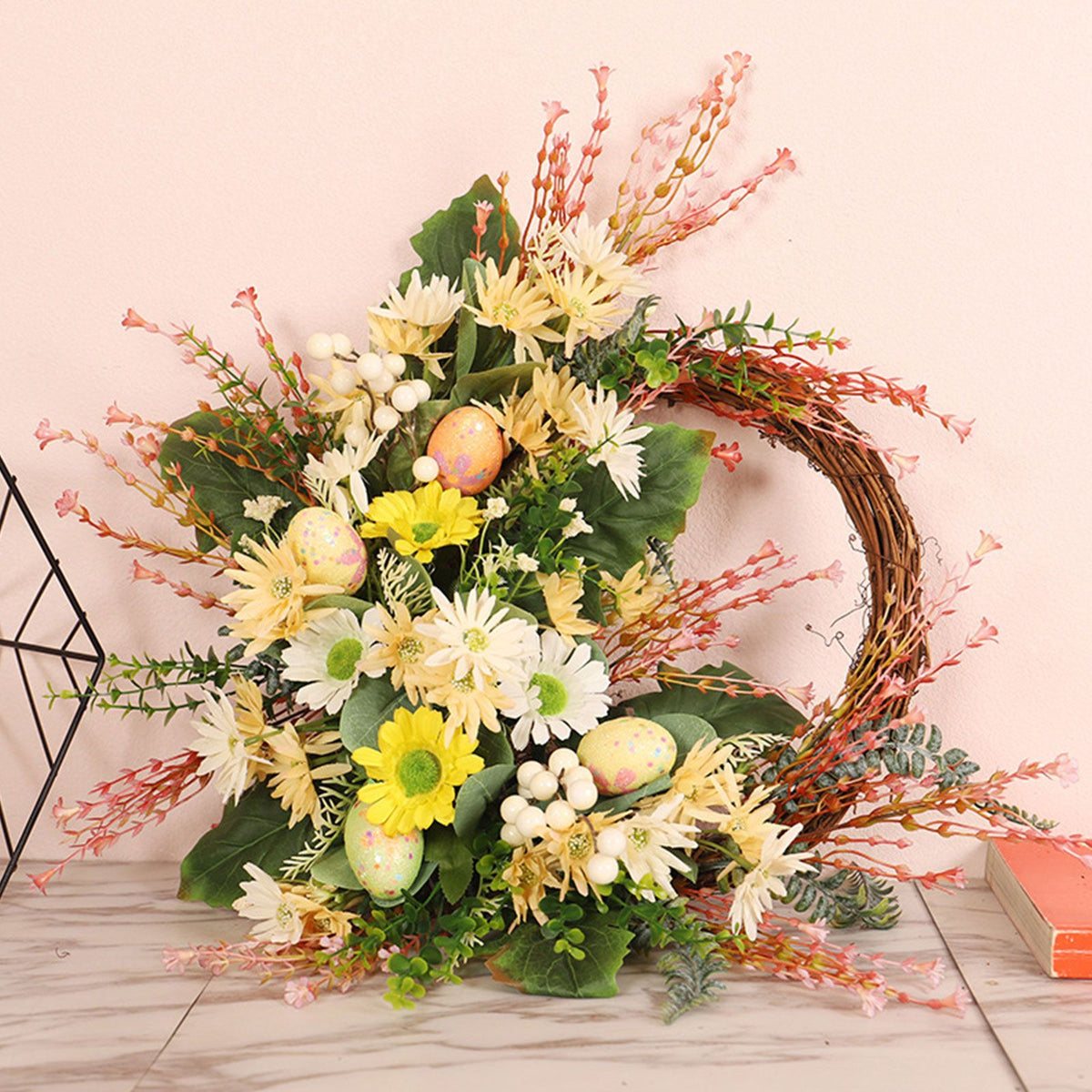 Artificial Wild Chrysanthemum Half Wreath Easter Decorative Wreaths for Home Front Door Decoration