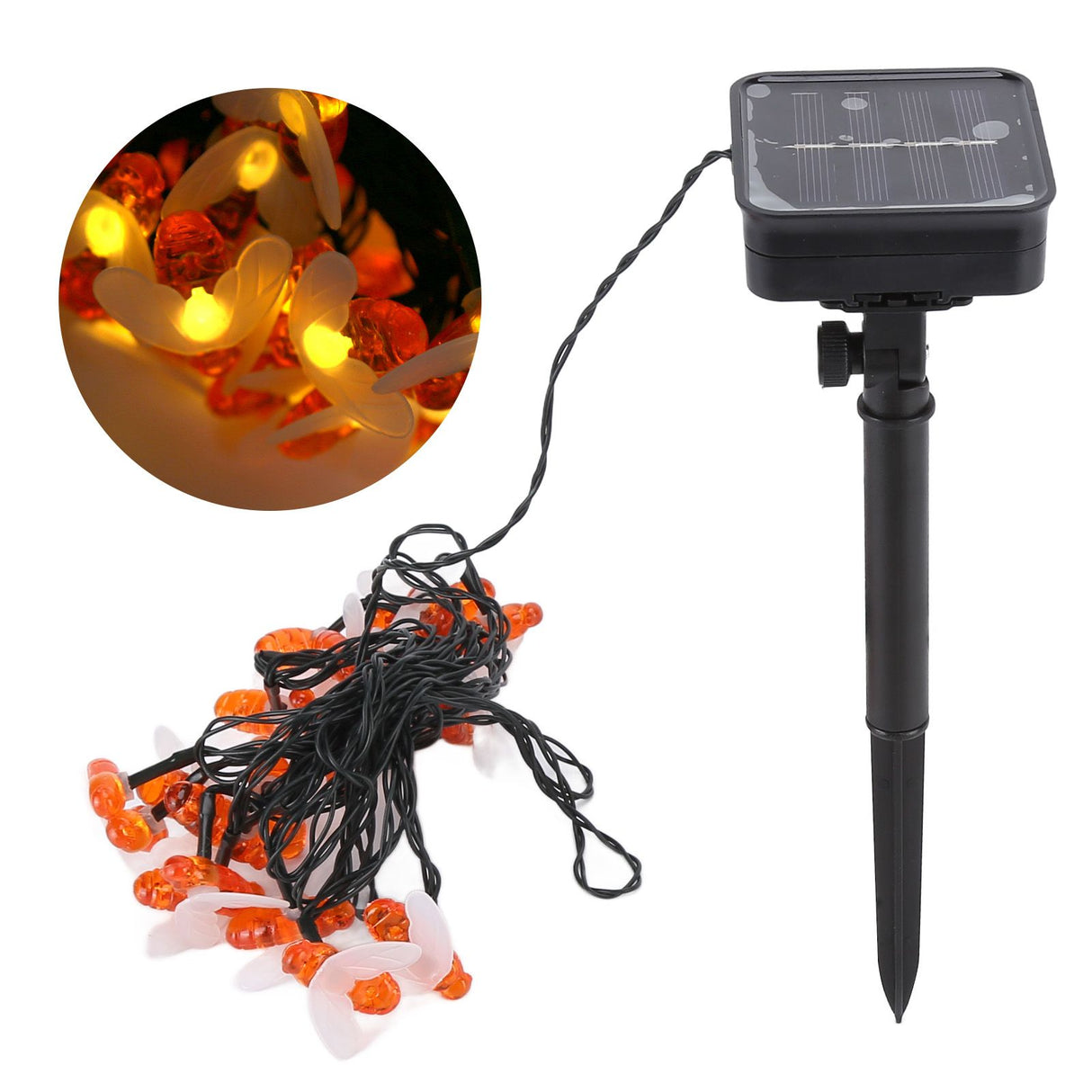 LED Solar String Lights Bee Shaped Waterproof Decorative Light for Outdoor Garden Patio Warm White6.5M 30LED 2 Work Mode