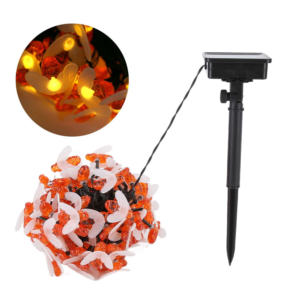 LED Solar String Lights Bee Shaped Waterproof Decorative Light for Outdoor Garden Patio Warm White12M 100LED 8 Work Mode