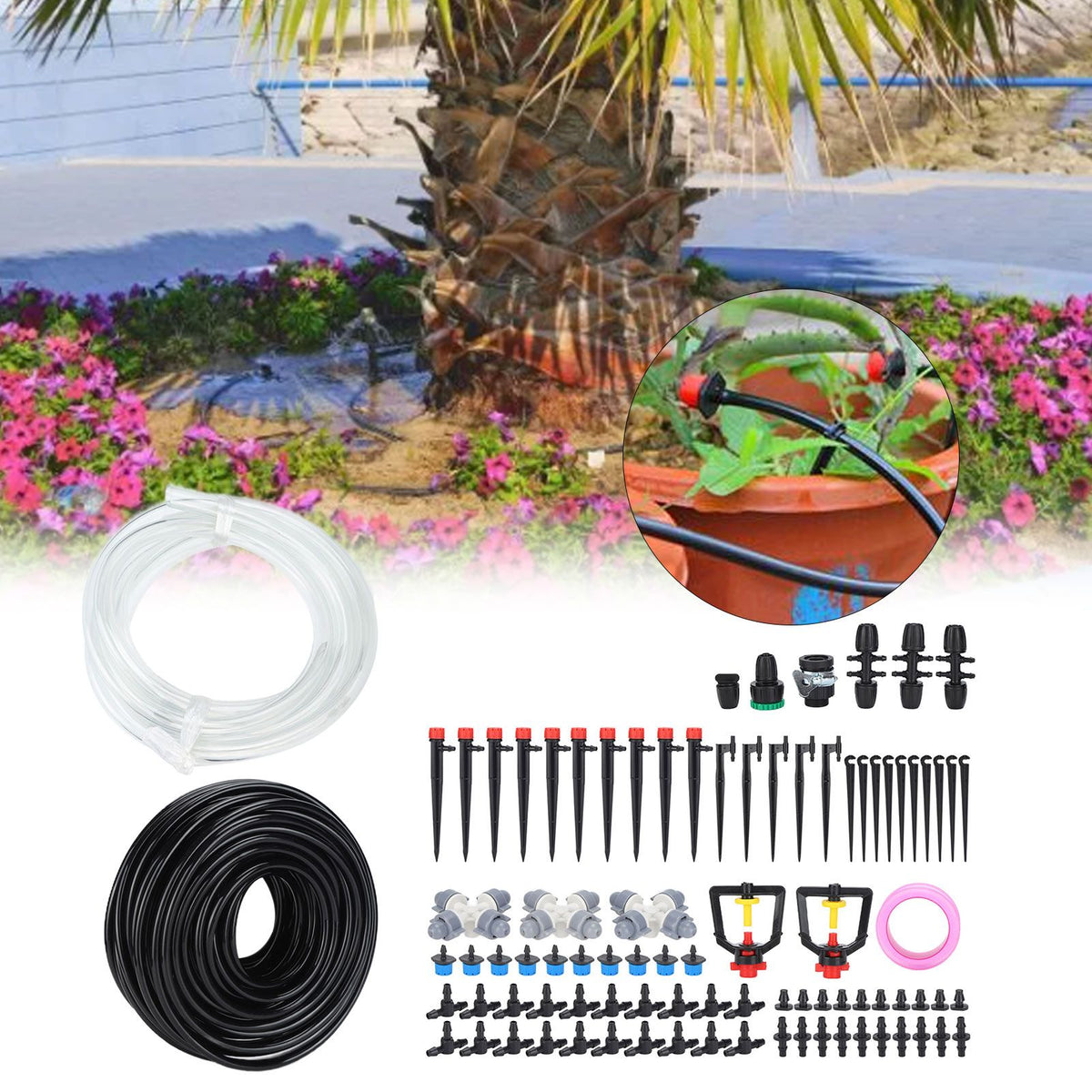 30m Drip Irrigation Kit Tubing Hose Nozzles Adapters Valves Drippers Set Garden Watering System