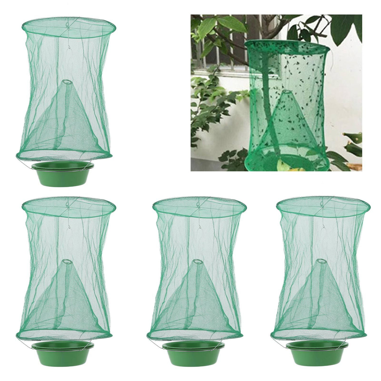 4pcs Outdoor Fly Trap Reusable Hanging Fly Trap Cage Net with Bait Tray for Garden Farm Orchard