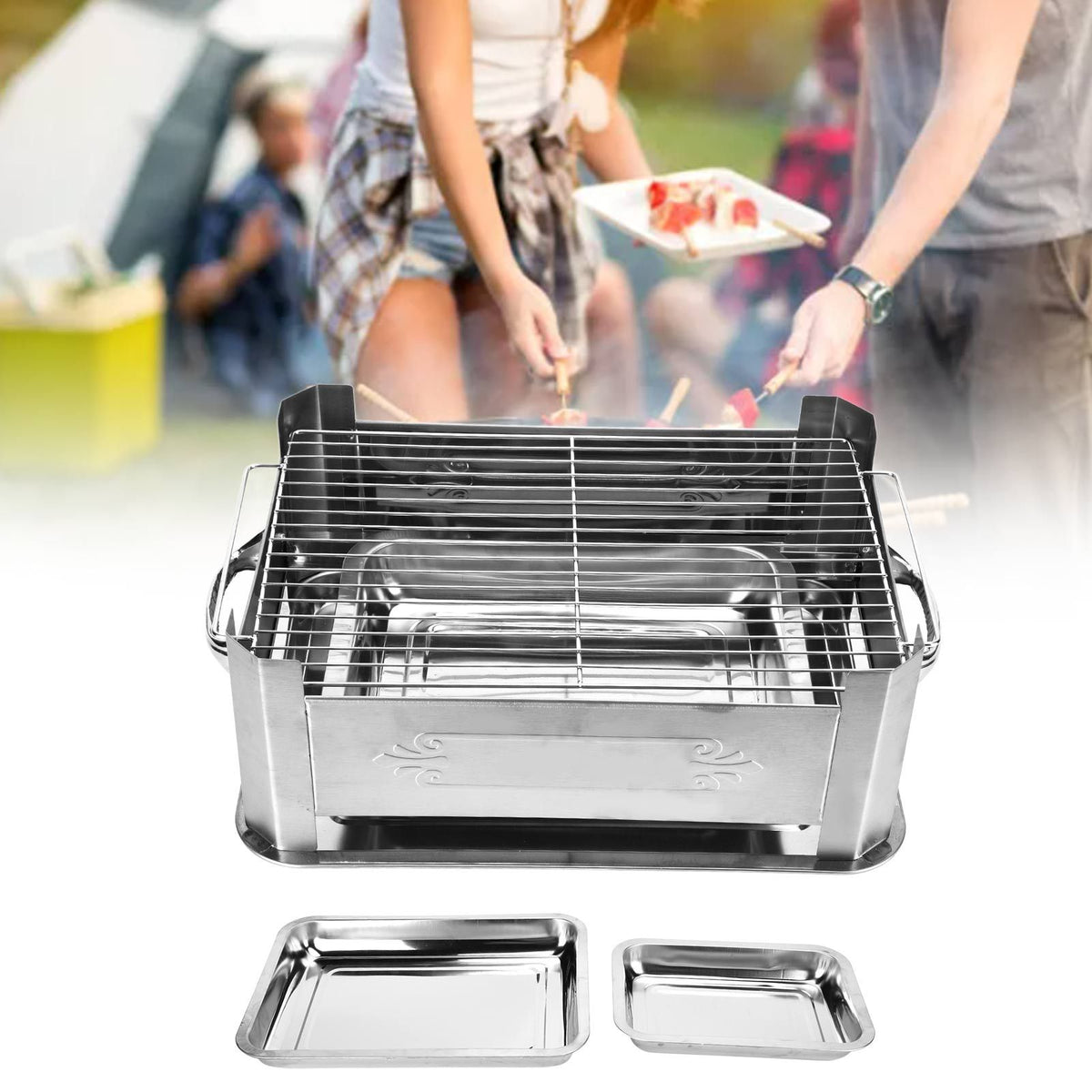 Barbecue Grill Thickened Stainless Steel Grilled Fish Stove Charcoal Alcohol Grill Rectangular Grill Fish RackWindproof Without Pull Handle