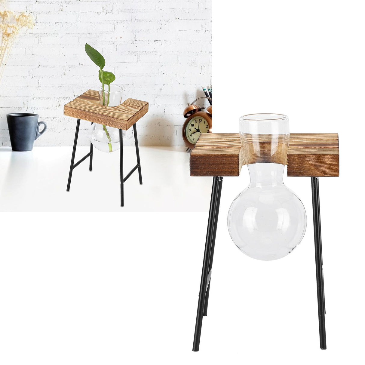 Desktop Glass Planter Wooden Stand Bulb Glass Vase Hydroponics Plant Planter for Home Office Garden1 Bottle