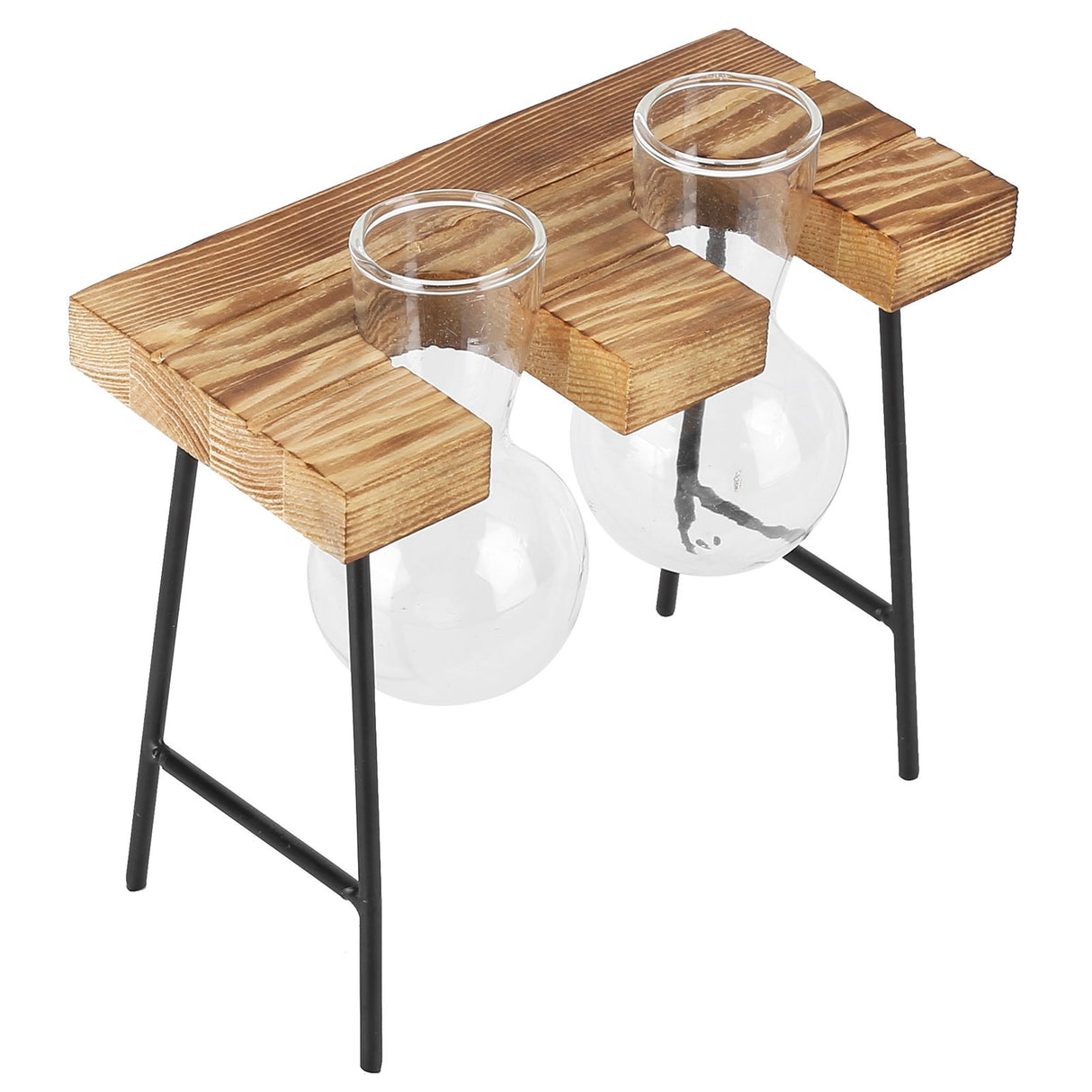 Desktop Glass Planter Wooden Stand Bulb Glass Vase Hydroponics Plant Planter for Home Office Garden2 Bottle