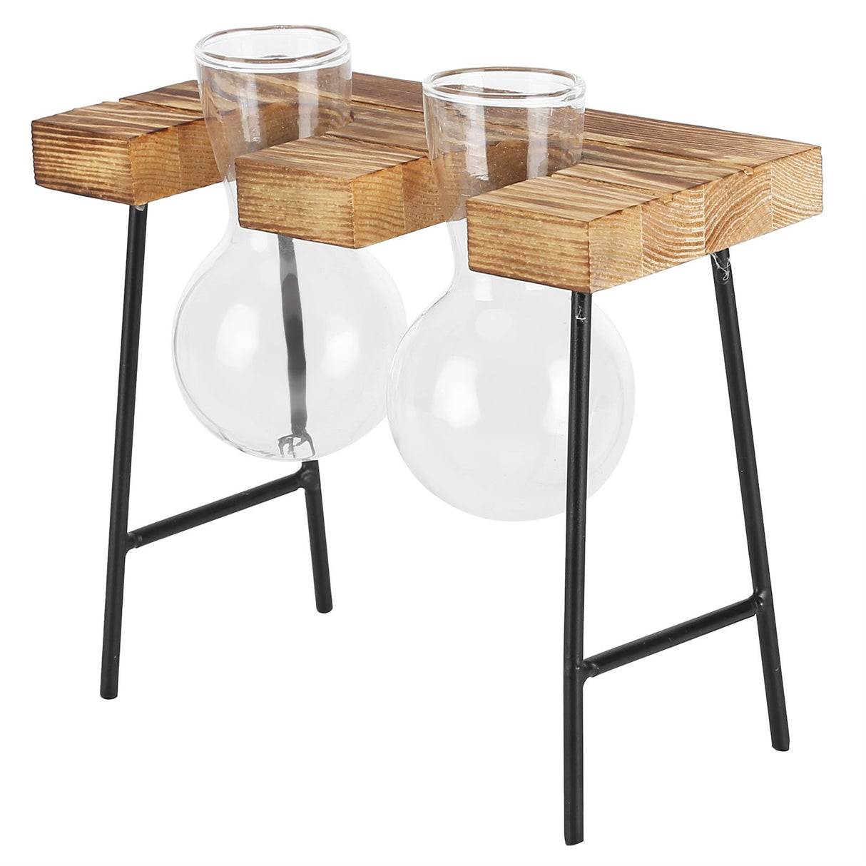 Desktop Glass Planter Wooden Stand Bulb Glass Vase Hydroponics Plant Planter for Home Office Garden2 Bottle