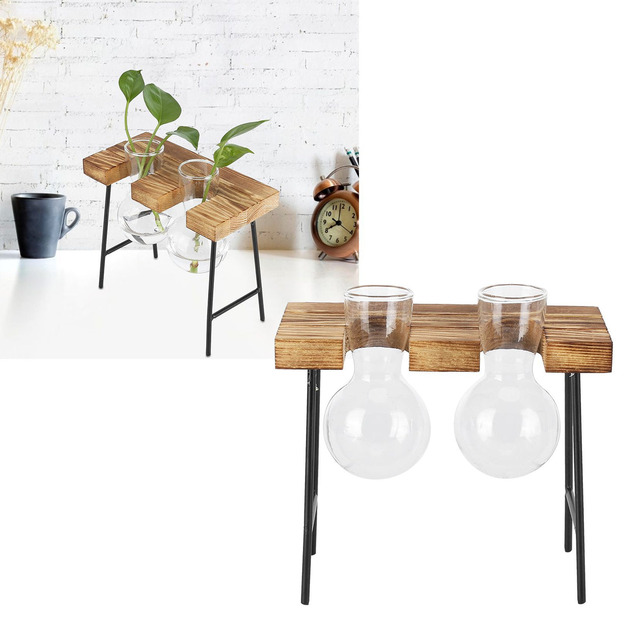 Desktop Glass Planter Wooden Stand Bulb Glass Vase Hydroponics Plant Planter for Home Office Garden2 Bottle