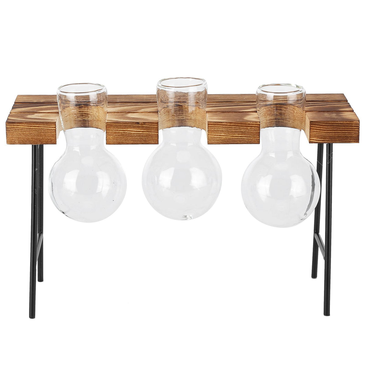 Desktop Glass Planter Wooden Stand Bulb Glass Vase Hydroponics Plant Planter for Home Office Garden3 Bottle