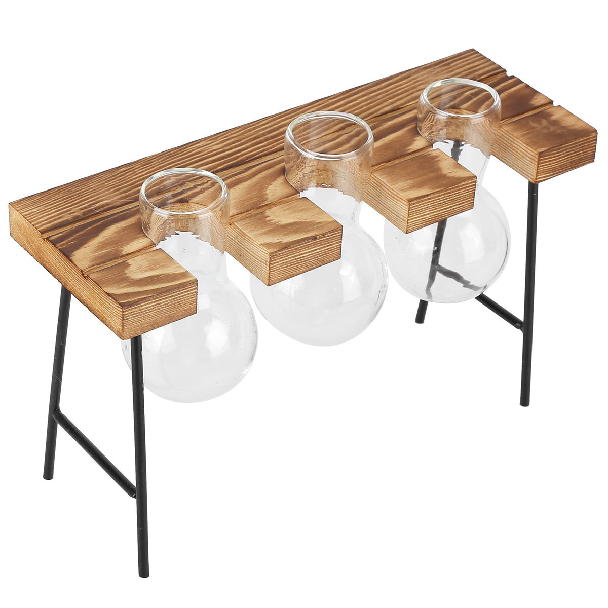 Desktop Glass Planter Wooden Stand Bulb Glass Vase Hydroponics Plant Planter for Home Office Garden3 Bottle