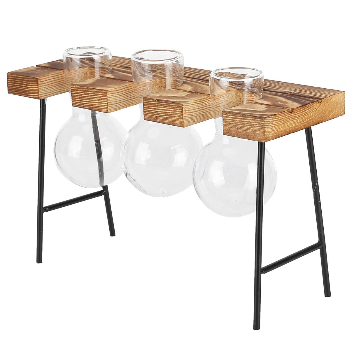 Desktop Glass Planter Wooden Stand Bulb Glass Vase Hydroponics Plant Planter for Home Office Garden3 Bottle