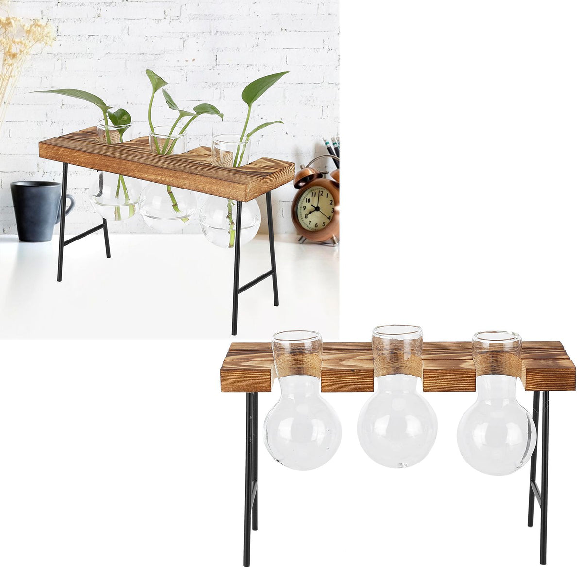 Desktop Glass Planter Wooden Stand Bulb Glass Vase Hydroponics Plant Planter for Home Office Garden3 Bottle