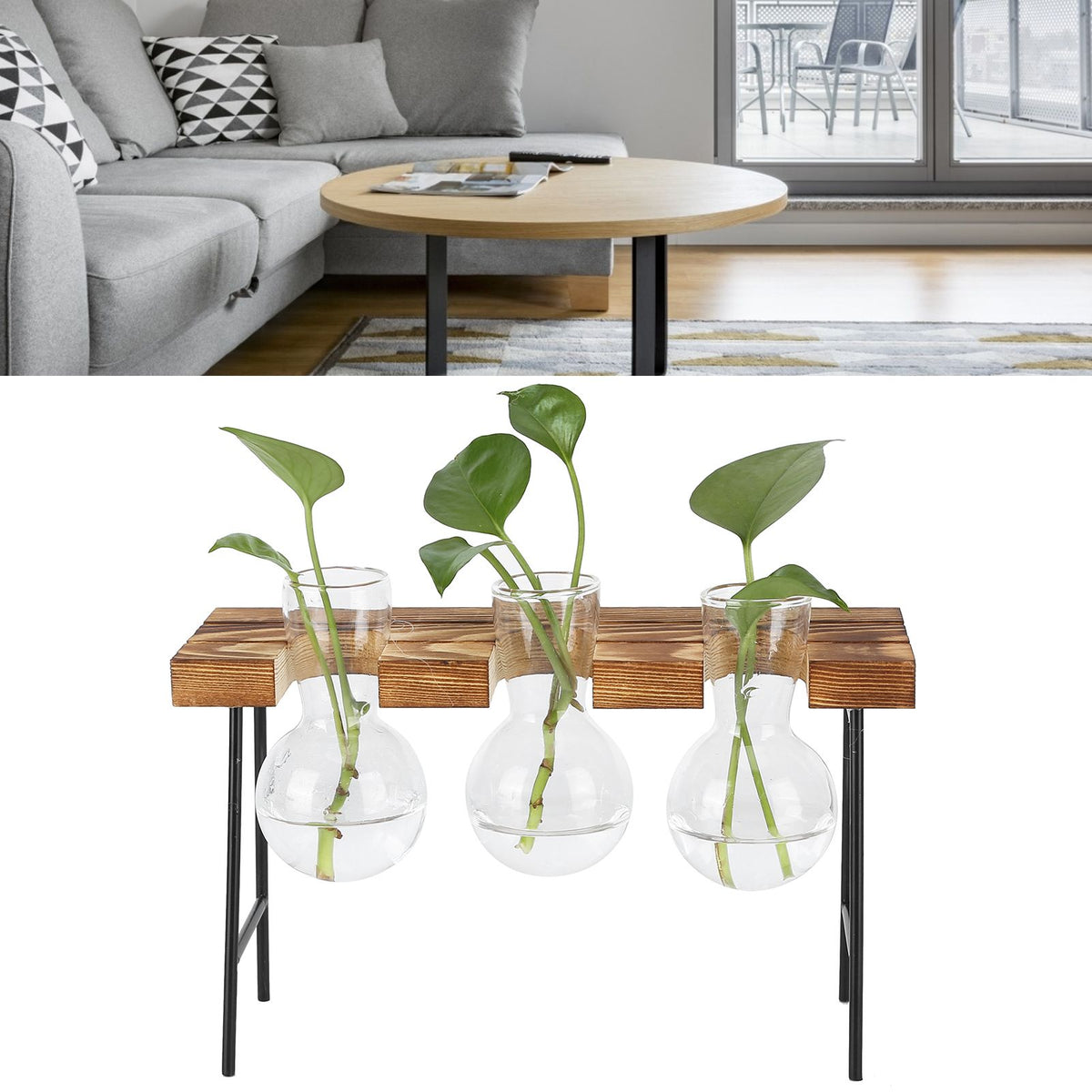 Desktop Glass Planter Wooden Stand Bulb Glass Vase Hydroponics Plant Planter for Home Office Garden3 Bottle