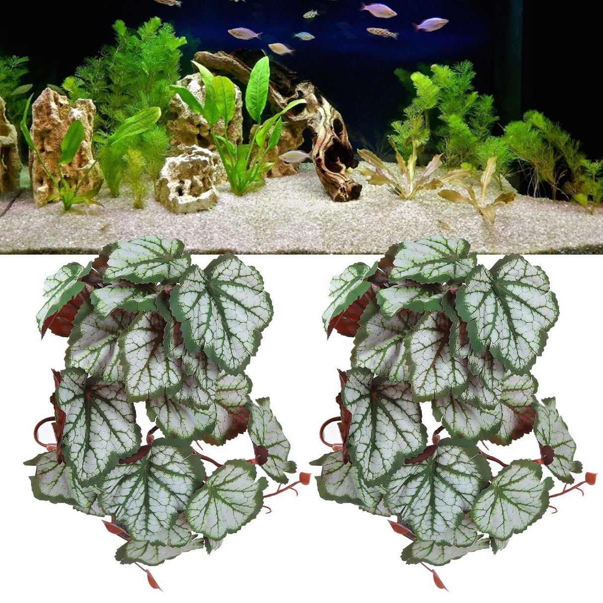 2PCS Artificial Water Plant Simulation Vine Lifelike Plastic Leaves Decoration with Suction Cup for Fish TankHeuchera Leaves