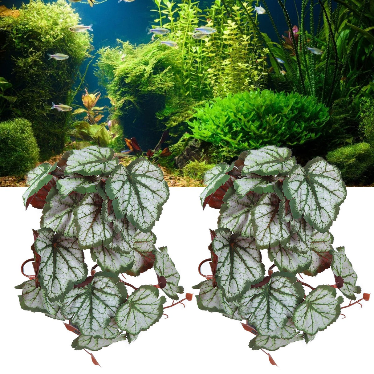2PCS Artificial Water Plant Simulation Vine Lifelike Plastic Leaves Decoration with Suction Cup for Fish TankHeuchera Leaves