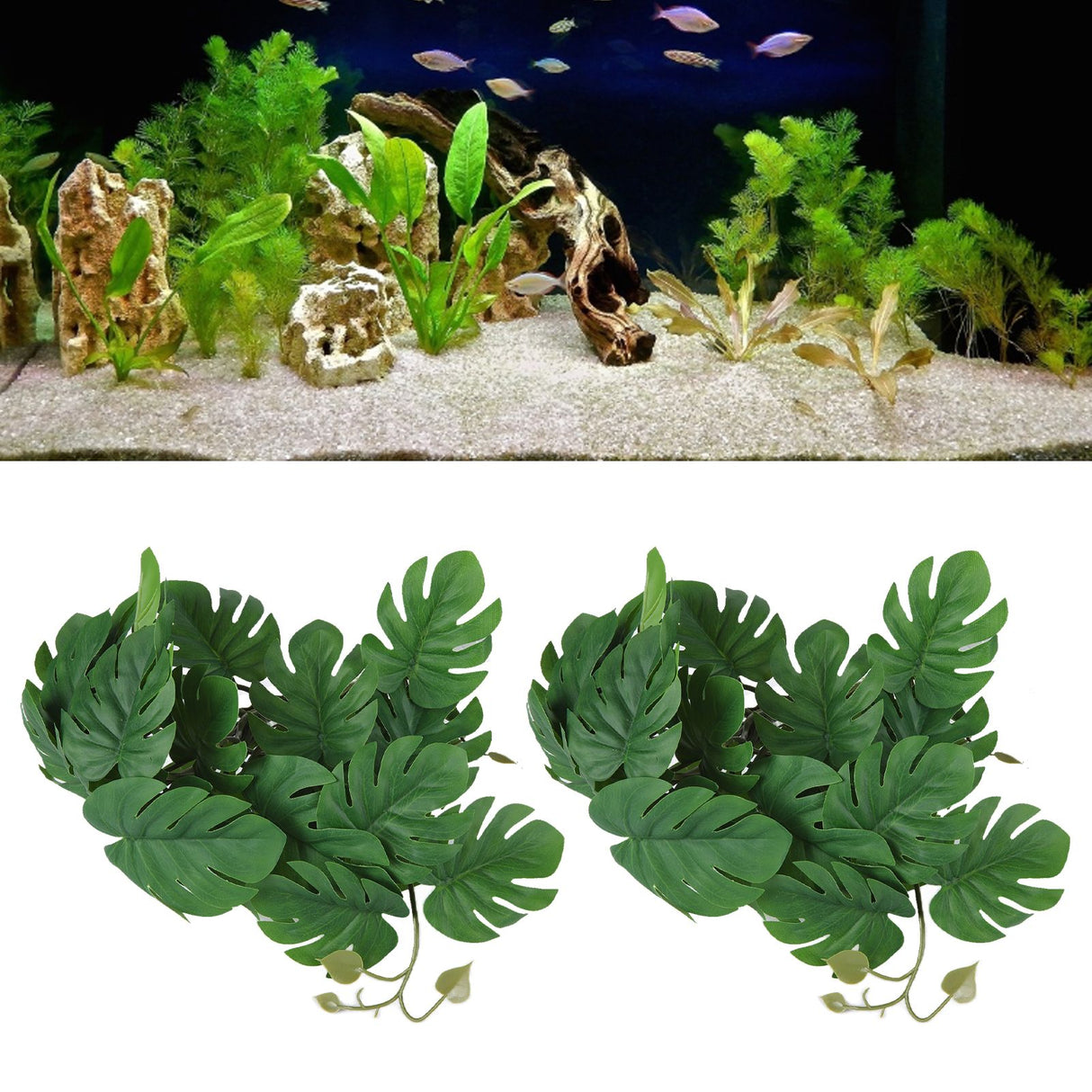 2PCS Artificial Water Plant Simulation Vine Lifelike Plastic Leaves Decoration with Suction Cup for Fish TankMonstera Leaves