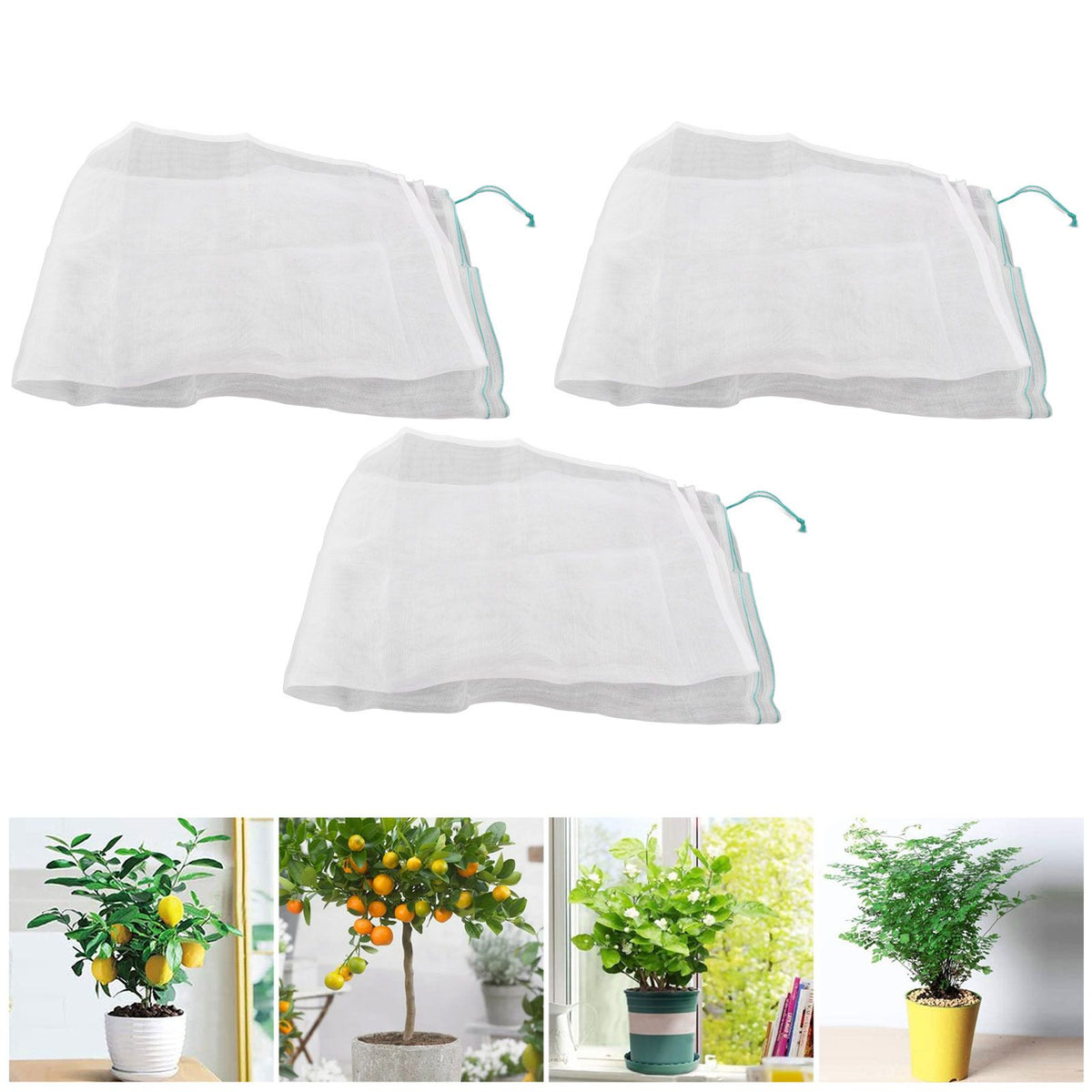 3Pcs Garden Plant Netting with Green Drawstring Potted Plant Fruit Tree Protector Insect Birds Prevention105x140cm / 41.3x55.1in