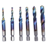6Pcs/Set Blue Spiral Tap Drill Bit Kit High Speed Steel Drilling Tapping Bits British System