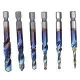 6Pcs/Set Blue Spiral Tap Drill Bit Kit High Speed Steel Drilling Tapping Bits British System