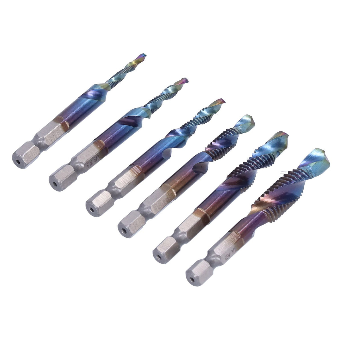 6Pcs/Set Blue Spiral Tap Drill Bit Kit High Speed Steel Drilling Tapping Bits British System