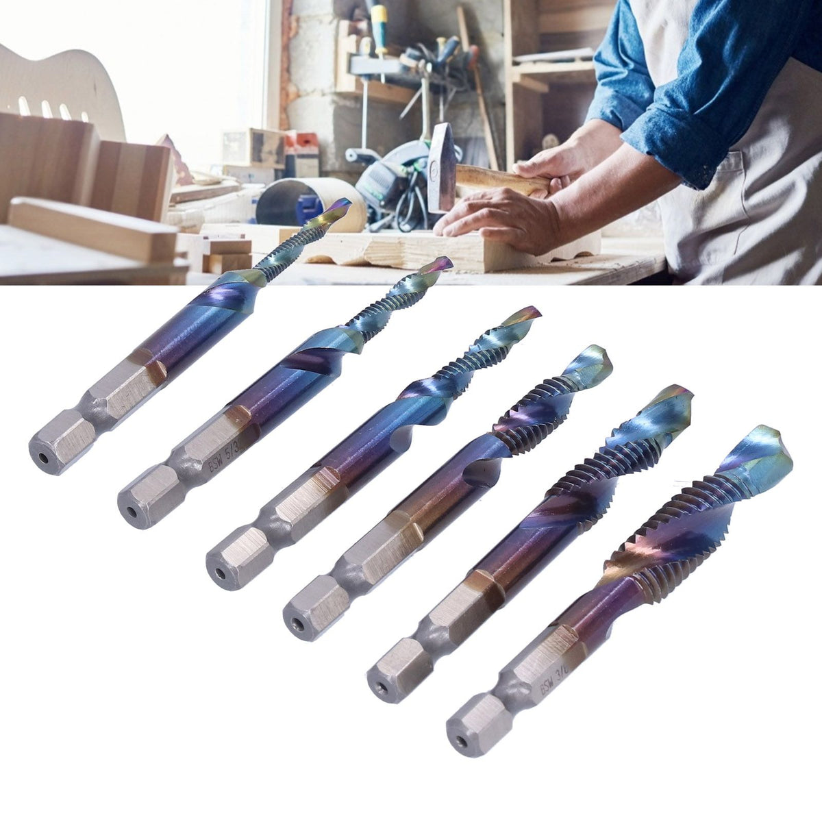 6Pcs/Set Blue Spiral Tap Drill Bit Kit High Speed Steel Drilling Tapping Bits British System