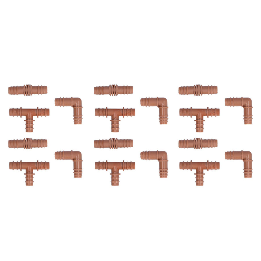 18Pcs Irrigation Fittings Kit Brown Water Barbed Coupling Connecter for 16mm Pipes