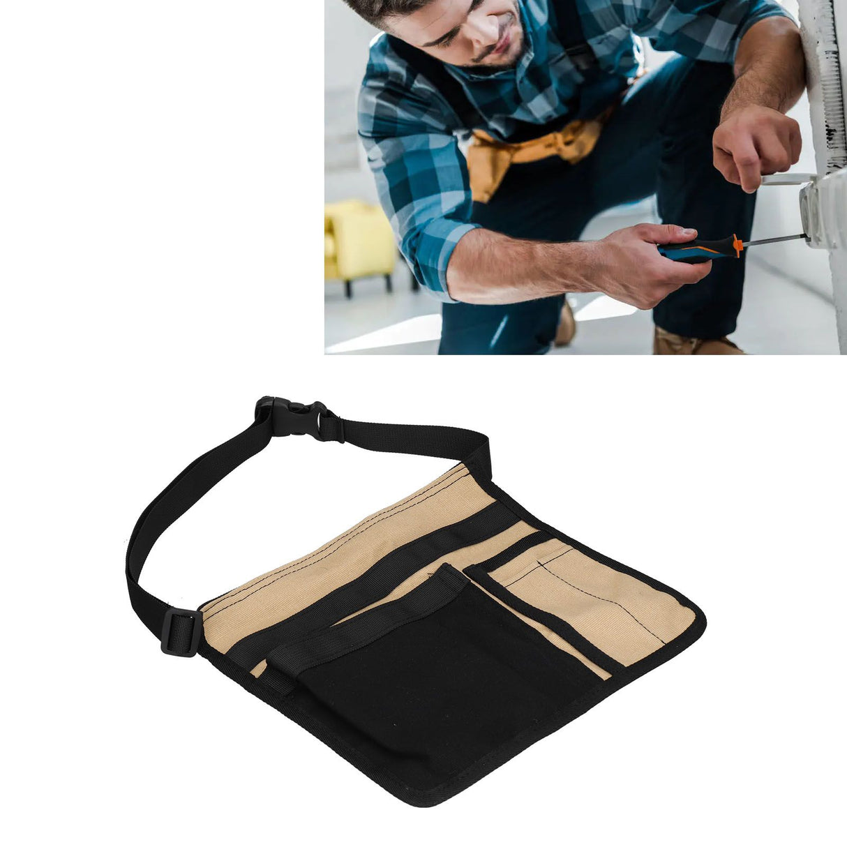 Tool Waist Bag Lightweight Multi Pocket Oxford Cloth Waist Tool Pouch for Garden Climbing Outdoor(Black Khaki )