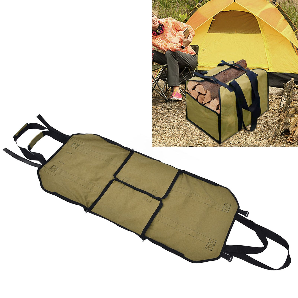 Large Capacity Firewood Storage Bag Basket Oxford Cloth Outdoor Camping Wood Log CarrierKhaki